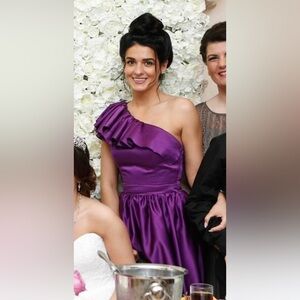 Purple satin one shoulder ruffle floor length gown